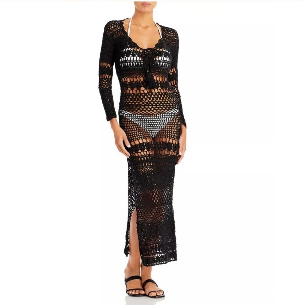 Poupette St Barth Kaia Black Crochet Cotton Maxi Dress Cover Up Size Small
